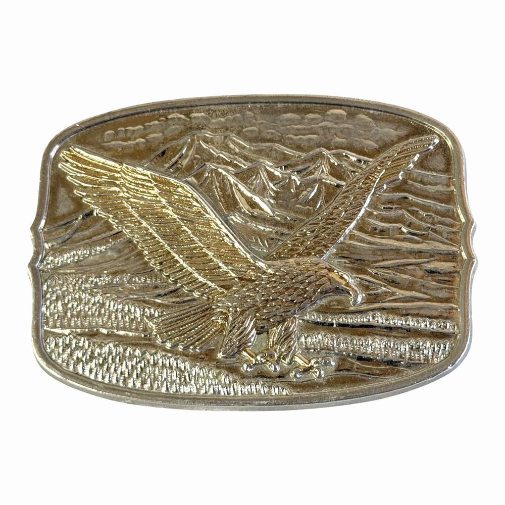 Vintage 1970s belt buckle EAGLE mountain WESTERN cowboy BRASS harley silver gold